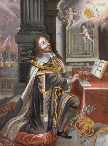 Eikon Basilike: Portrait of King Charles I, full-length, wearing robes of State and an ermine-lined cloak, kneeling  English School, 17th Century