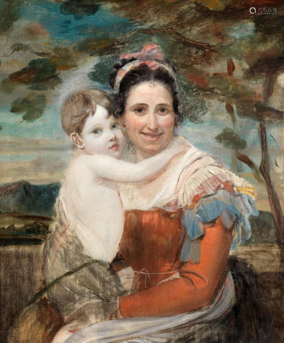Portrait of the artist's daughter, Estina Fagan held by her nurse, a mountainous landscape beyond Robert Fagan(Cork circa 1745-1816)