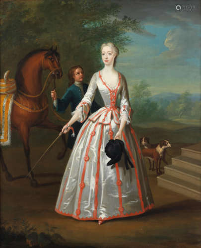 Portrait of Elizabeth Horton, full-length, in a silver and red riding habit, standing in a landscape with her horse, dogs and a groom Willem Verelst(London 1704-1752)