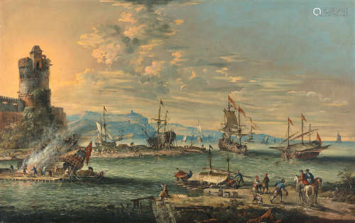 A harbour with figures on the quayside in the foreground Johann Anton Eismann(Salzburg 1604-1698 Venice)