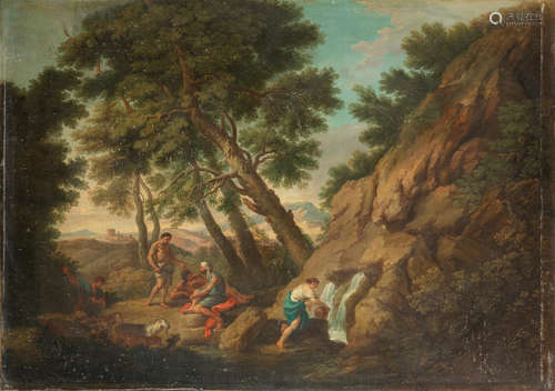 Classical figures resting in an Italianate landscape with a figure drawing water at a waterfall Andrea Locatelli(Rome 1693-circa 1741)