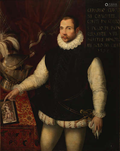 Portrait of Gerardo Giavarini, three-quarter-length, standing in an interior beside a table covered with a carpet on which rests a knight's helmet with his right hand showing a chiaroscuro monochrome drawing depicting Venus and Cupid   Lavinia Fontana(Bologna 1552-1614 Rome)