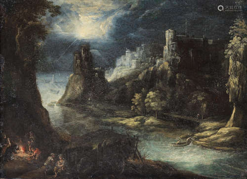 A nocturnal river landscape with a castle and peasants near a campfire Attributed to Frederick van Valkenborch(Antwerp circa 1570-1623 Nuremberg)