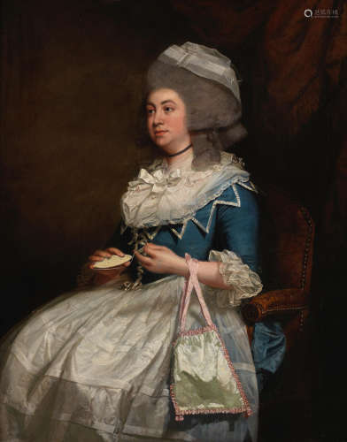 Portrait of a lady, said to be Charlotte Pochin of Barkby Hall, Leicestershire, three-quarter-length, in a blue dress with a lace bonnet, holding an ivory knotting-shuttle John Singleton Copley(Boston 1737-1815 London)
