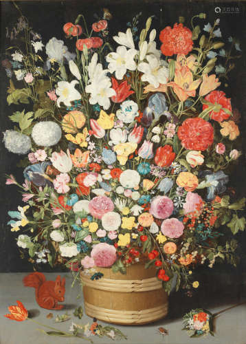 An extensive bouquet of mixed spring and summer flowers in a wooden tub beside a squirrel Workshop of Jan Brueghel the Younger(Antwerp 1601-1678)