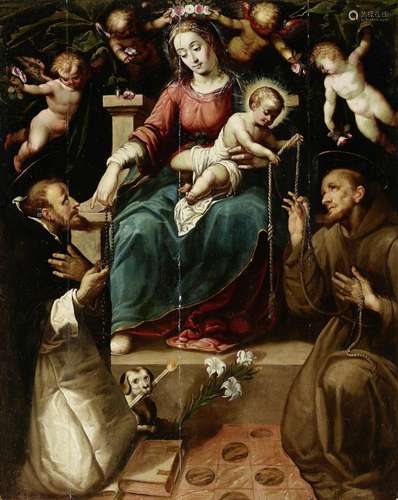 The Madonna and Child enthroned with Saints Francis of Assisi and Dominic Circle of Bartolomeo Passarotti(Bologna 1529-1592)