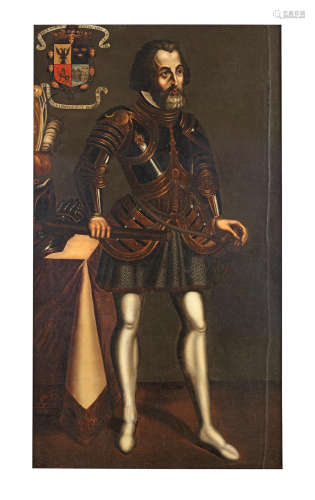 Portrait of Hernan Cortés, full-length, wearing armour and holding a baton, standing beside his gloves and helmet on a draped table  Luis Tapia(active Mexico, early 19th Century)