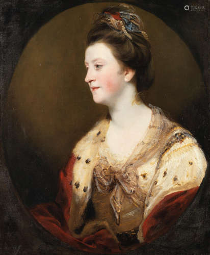Portrait of Emily Mary, Duchess of Leinster, bust-length, in a pink dress and ermine shawl, within a painted oval  Sir Joshua Reynolds P.R.A.(Plympton 1723-1792 London)