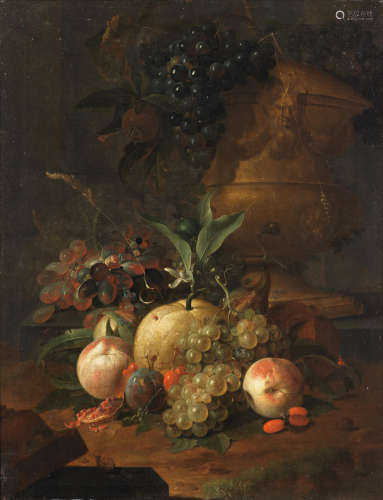 Peaches, plums, grapes and other fruit in a landscape Coenraet  Roepel(The Hague 1678-1748)