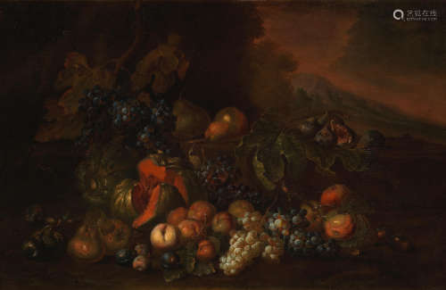 Melons, grapes, peaches and other fruit in landscape Joseph Teal Cooper(Burford 1682-1743 Kings Lynn)