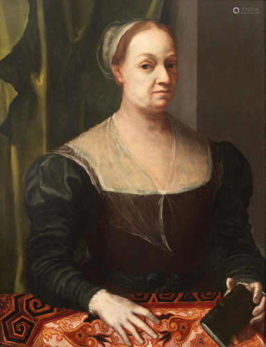Portrait of a lady, half-length, seated by a table, in black costume Attributed to Jacopo del Conte(Florence 1510-1598 Rome)