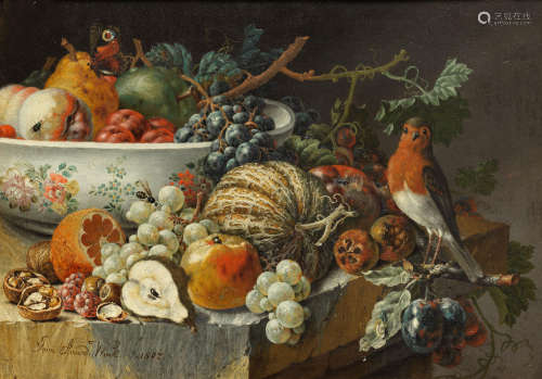 Peaches, pears, an apple, plums and grapes in a porcelain bowl with other fruit on a stone ledge with a Robin and various insects; and Apples, grapes, pears and strawberries in a porcelain bowl and other fruit on a stone ledge with a goldfinch and various insects  (2) Johann Amandus Winck(Eichstätt 1748-1817 Munich)