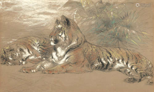 Study of tigers, Study of roosters the first 14.5 x 23.5 cm (5 11/16 x 9 1/4in); the second 17.3 x 23.5cm (6 13/16 x 9 1/4in).(2) William Huggins, British(1820 - 1884)