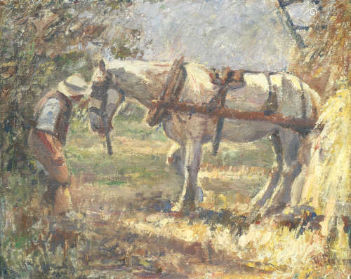 A farmhand and carthorse beside a hayrick Harry Fidler(British, 1856-1935)