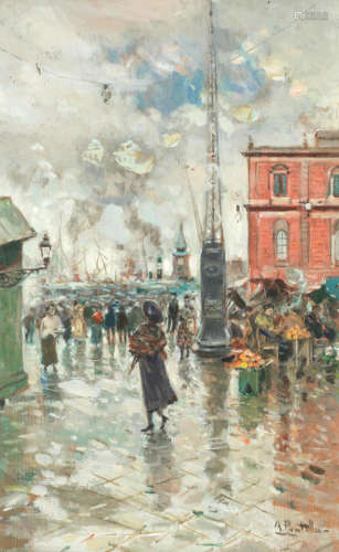A bustling port scene Attilio Pratella(Italian, 1856-1949)