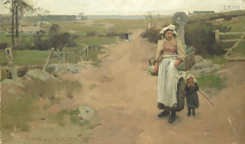 Mother and daughter on a country lane Frank Richards(British, 1863-1935)