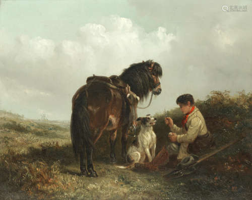 The midday meal, a boy with his pony and dog Thomas Smythe(British, 1825-1906)