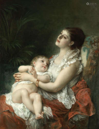 A mother's embrace Adolphe Jourdan(French, 1825-1889)