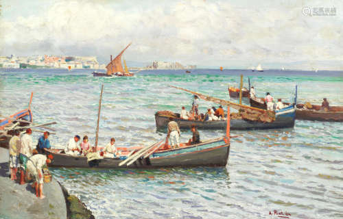 Fishing boats on the Neapolitan coast unframed Attilio Pratella(Italian, 1856-1949)