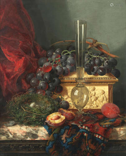 Still life of fruit, a bird's nest, a fluted vase and ornate ivory casket on a marble ledge Edward Ladell(British, 1821-1886)