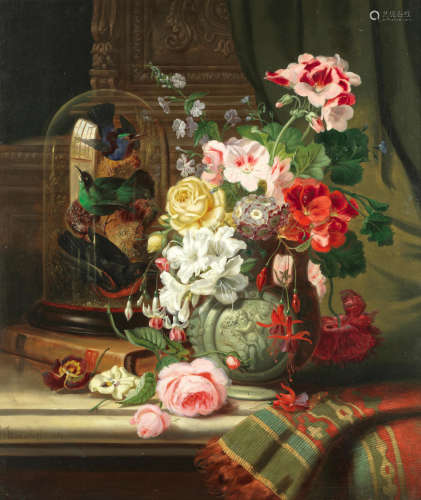 Still life of flowers and song birds in a glass dome  John Wainwright(British, active 1860-1869)