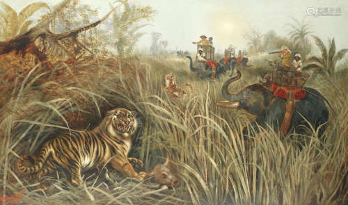The tiger hunt  Robert Cleminson(British, exhibited, 1865-1868)
