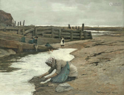 A woman washing clothes in a pool, probably Staithes, Yorkshire. Harrington Mann(British, 1864-1937)