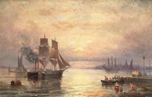 'A misty morning, Blackwall Reach'; Sunset across the harbour each 20.6 x 40.6cm (8 1/8 x 16in).(2) William Thornley(British, Active 1857-1898)