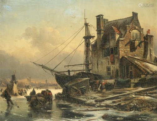 Figures on frozen river by a town Elias Pieter van Bommel(Dutch, 1819-1890)
