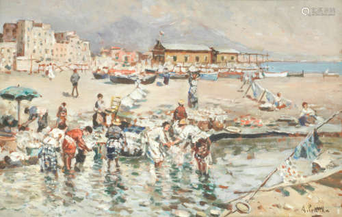 A coastal town in summer Attilio Pratella(Italian, 1856-1949)