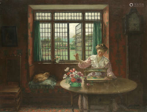 Lady sewing by an open window  William Banks Fortescue(British , 1850-1924)