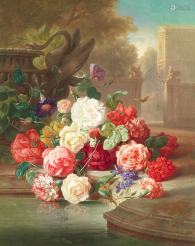 Still life of roses in a country house garden Josef Schuster(Austrian, 1812-1890)