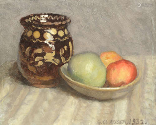 Still life of fruit and a vase  Sir George Clausen, RA, RWS(British, 1852-1944)