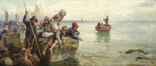 Children fishing off the quay William Gilbert Foster(British, 1855-1906)