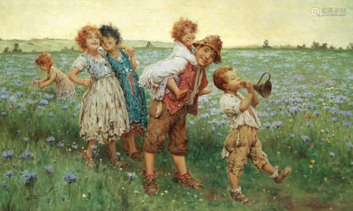 Children playing in a field of flowers Frederico Oliva(Italian)
