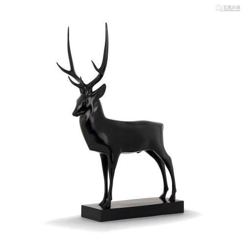 Francois Pompon (1855-1933) Cerf, 1930 Bronze with black patina; Valsuani foundry; inscribed Pompon Height : 22 13/16 in., width : 14 1