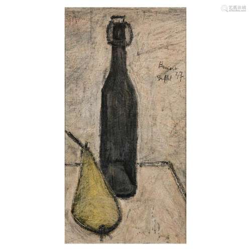 ƒ BERNARD BUFFET (1928-1999) Nature morte à la poire et bouteille, 1947 Oil on canvas laid on plywood panel; signed and dated 47 to upp