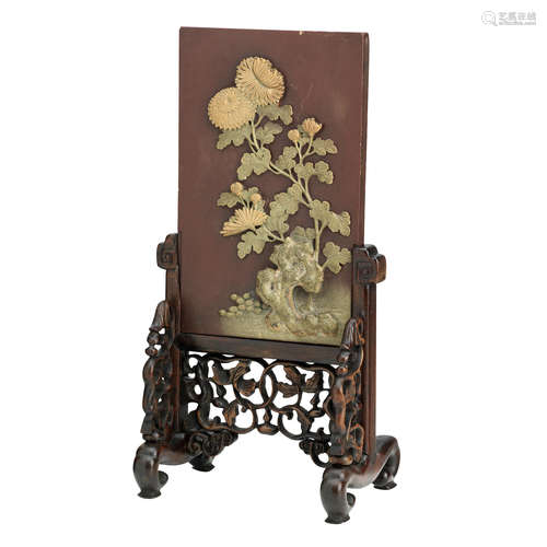 19th century A duan stone plaque mounted as a table screen on wooden stand