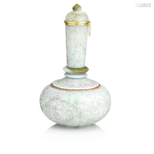 India, 20th century A Mughal style gold-mounted and carved jadeite bottle and cover