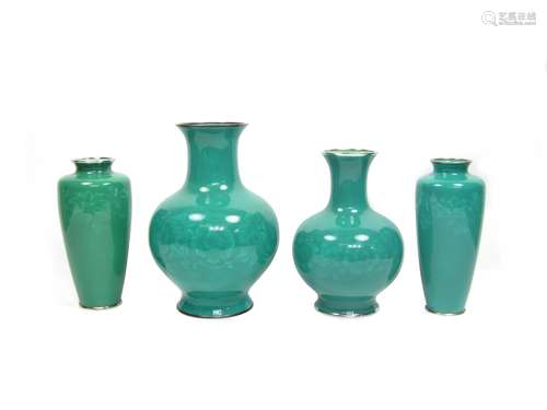 By the Ando Jubei Company, Taisho/Showa, 20th century Four green cloisonné enamel vases