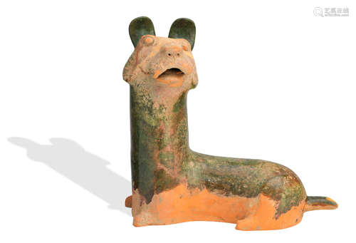 Han Dynasty, and later Two green-glazed earthenware dogs and a Sancai glazed pottery horse