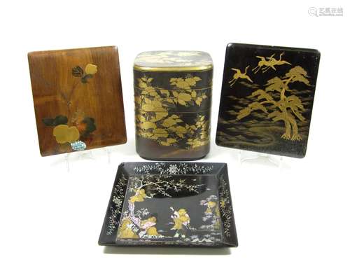 19th century Two lacquer boxes and covers, a lacquer tray, and lacquer jubako (tiered food box)