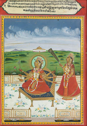 Jaipur, mid 19th century The Devi enthroned on a dais on a terrace with an attendant holding a flywhisk