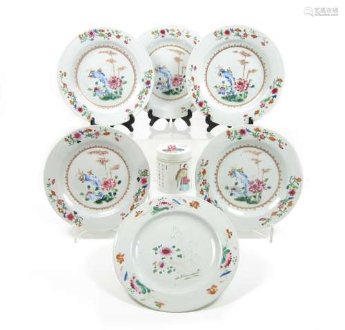 18th and 19th century A set of five famille rose plates, another and a jar and cover