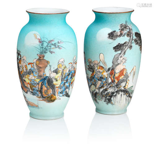 By Takeuchi Chubei, Meiji era A pair of enamelled porcelain vases