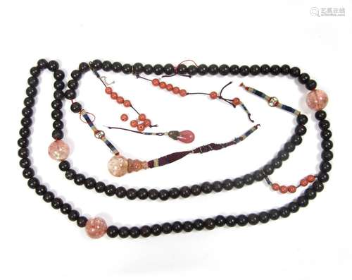 19th century A coral, rose quartz and wooden bead court necklace, chaozhu