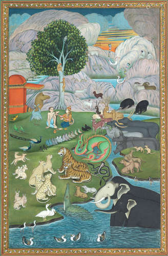 India, 20th century Layla and Majnun in the wilderness surrounded by a menagerie of beasts