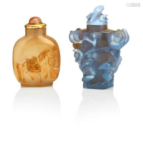 Two carved agate snuff bottles