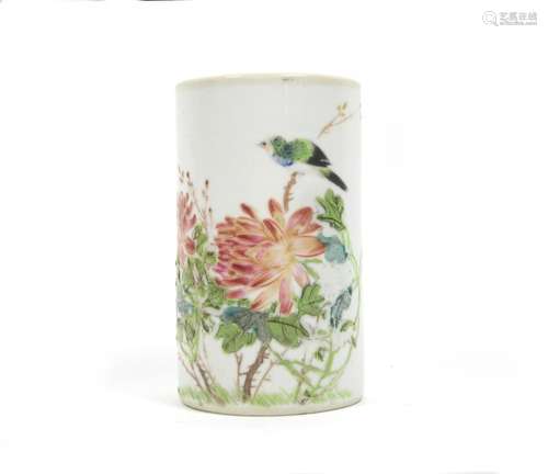 Bearing Guan yao nei zao [Made in the imperial kiln] four-character mark but Republic Period A famille rose brushpot