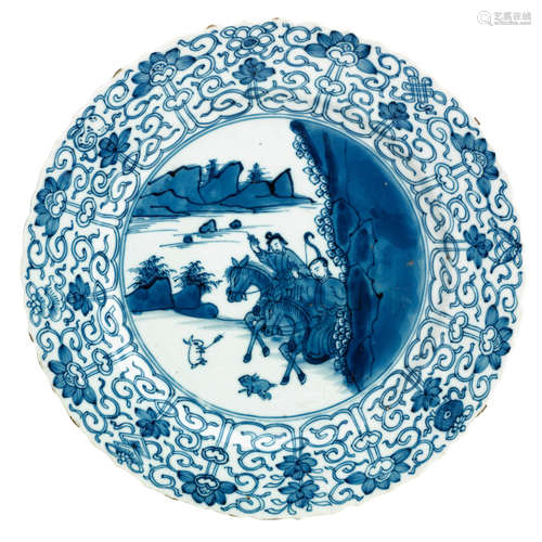 Chenghua six-character mark but Kangxi period A blue and white 'hunt' plate